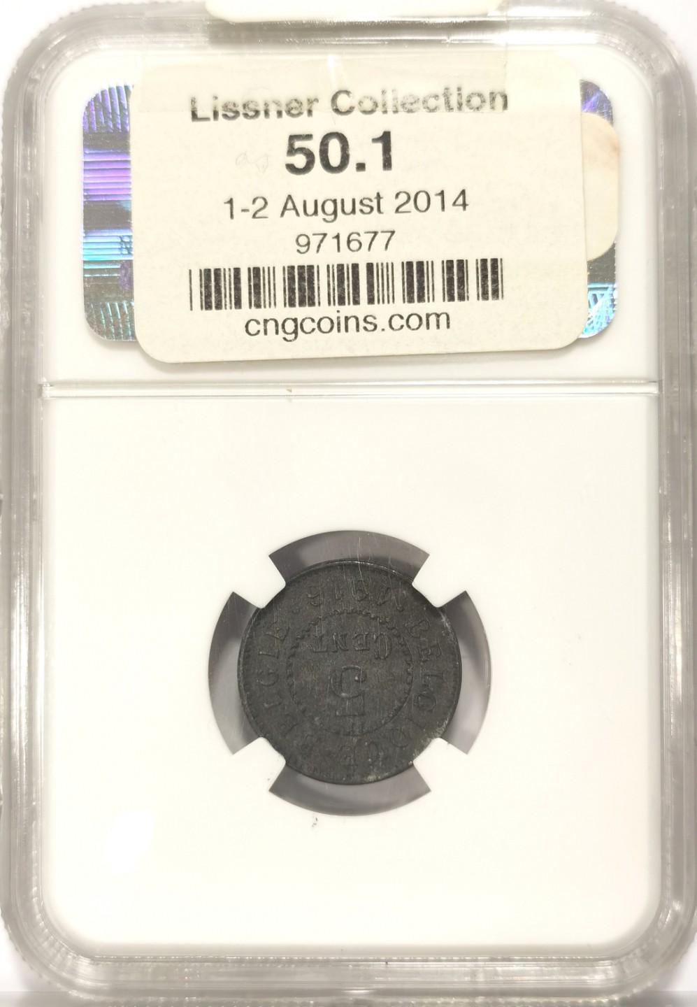 博洋堂世界钱币拍卖第019期（全场包邮） Lissner比利时旧藏系列 NGC MS61 比利时1916年5CENT，FRENCH版，来自2014年拍卖会编号50.1