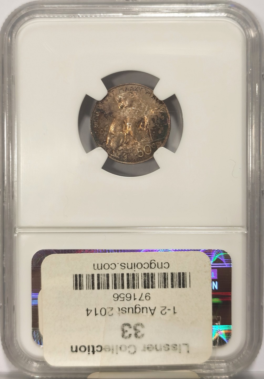 博洋堂世界钱币拍卖第019期（全场包邮） Lissner比利时旧藏系列 NGC MS64 比利时1901年50CENT，五彩包浆银币，FLEMISH版，来自2014年拍卖会编号33