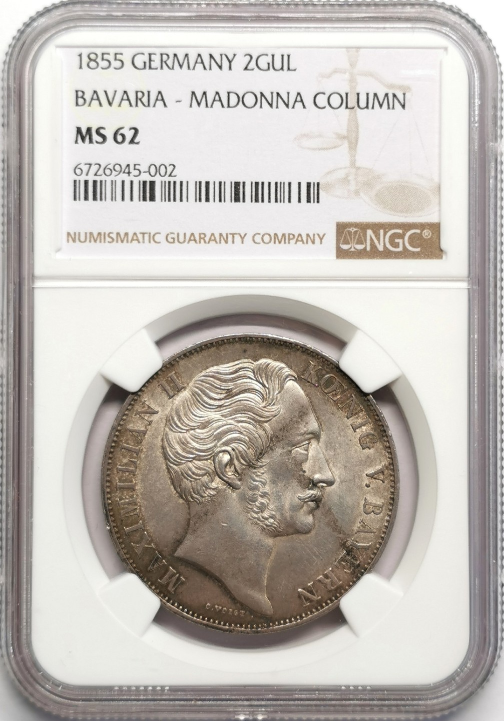 凡希社世界钱币微拍第二百三十二期 1855巴伐利亚圣母柱2盾大银NGC-MS62