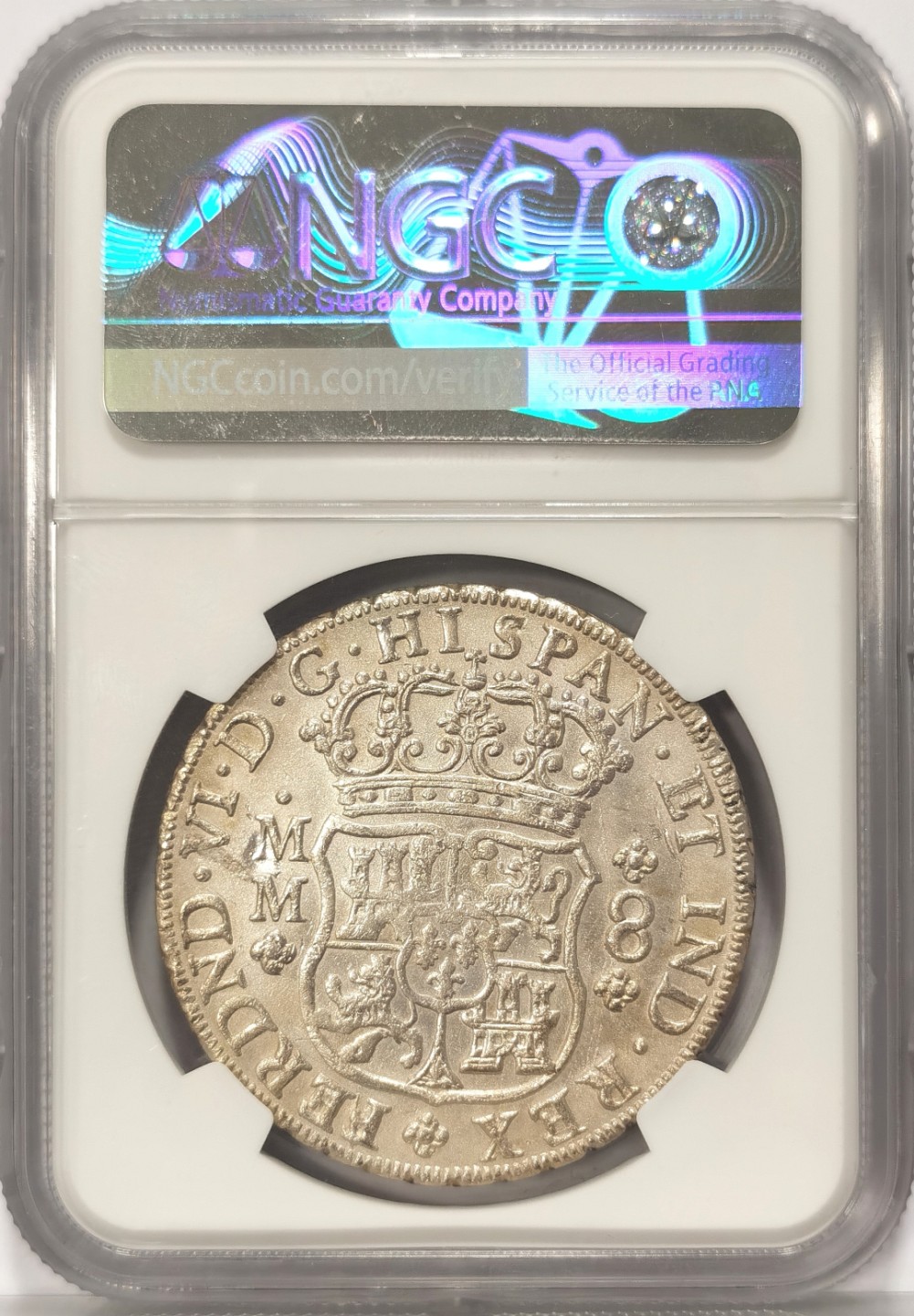 博洋堂世界钱币拍卖第019期（全场包邮） NGC MS61 1754年墨西哥地球双柱8R 窖藏年份，异冠版。粉光，打的还行，没有减重痕