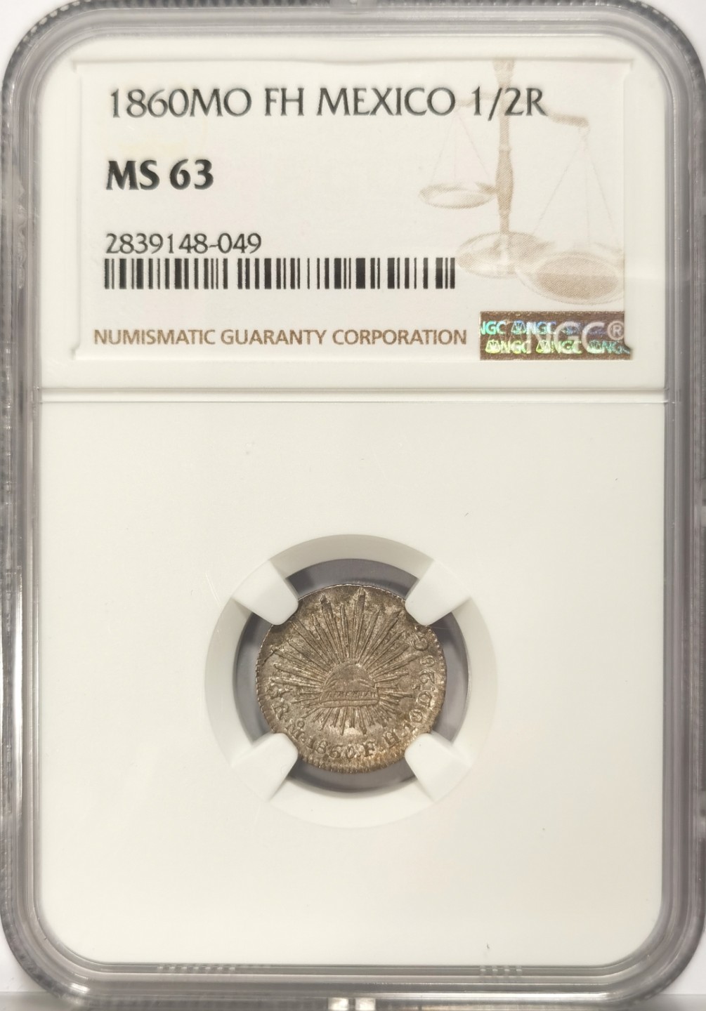 博洋堂世界钱币拍卖第019期（全场包邮） NGC MS63 墨西哥1860年MO FH版1/2R鹰洋 高分难得
