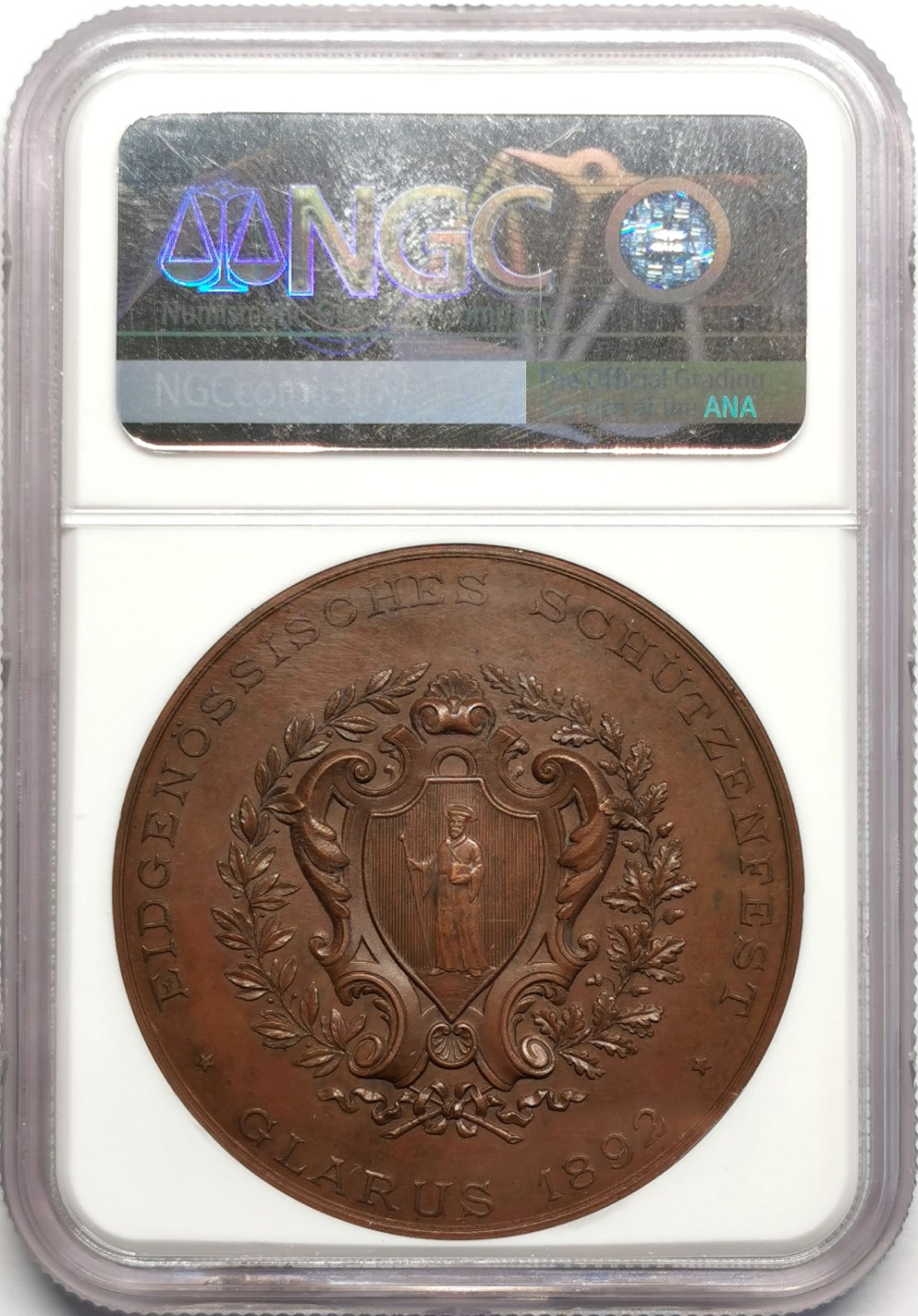 凡希社世界钱币微拍第二百三十二期 1892瑞士格拉鲁斯射击节纪念铜章NGC-MS63