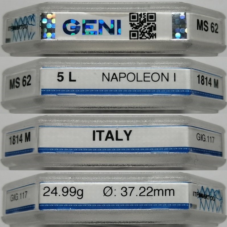 凡希社世界钱币微拍第二百三十二期 荐！1814M意大利王国拿破仑5里拉大银GENI-MS62紫罗兰淡彩底板一流！