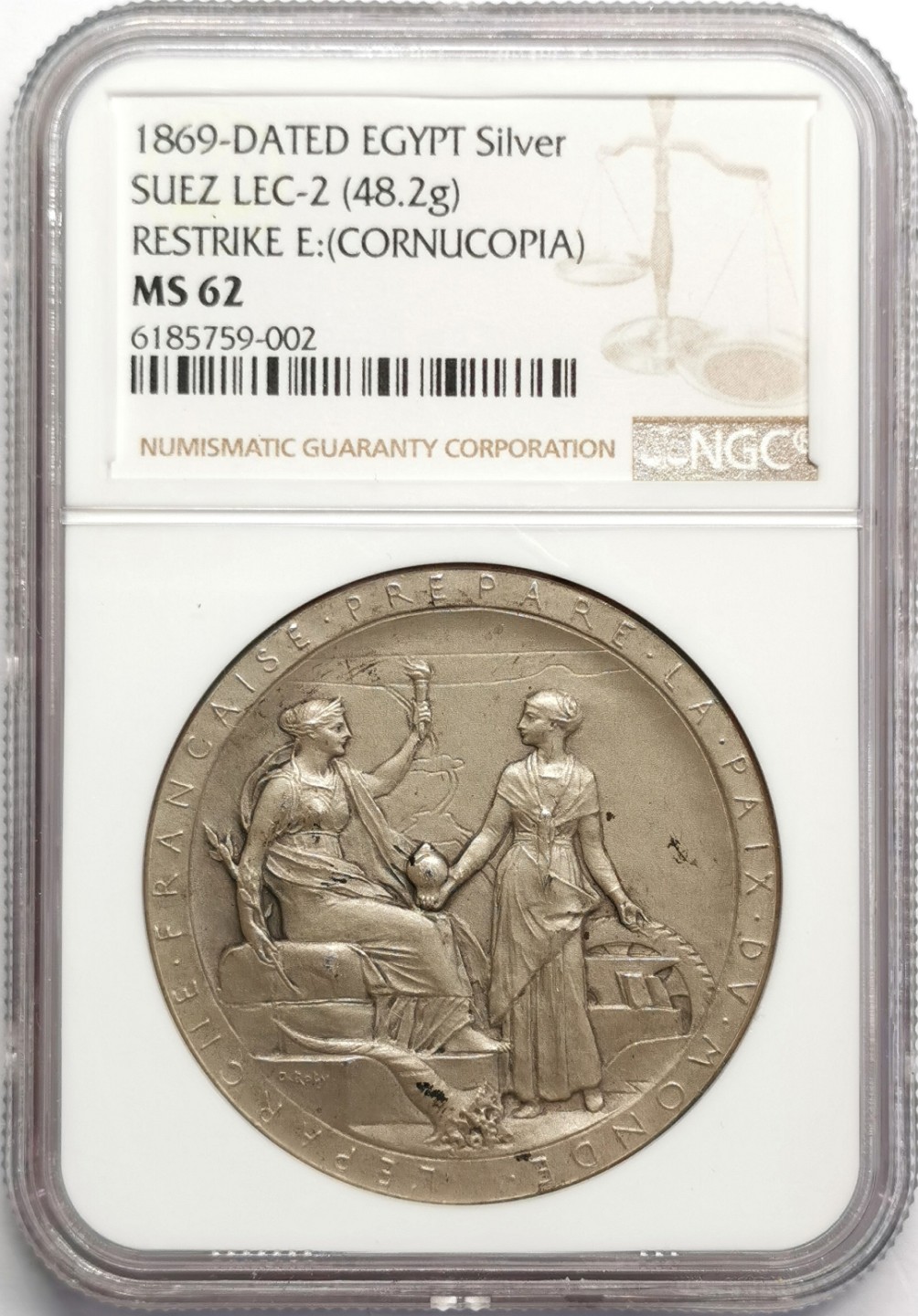 凡希社世界钱币微拍第二百三十二期 1869罗蒂版苏伊士运河纪念银章NGC-MS62后铸