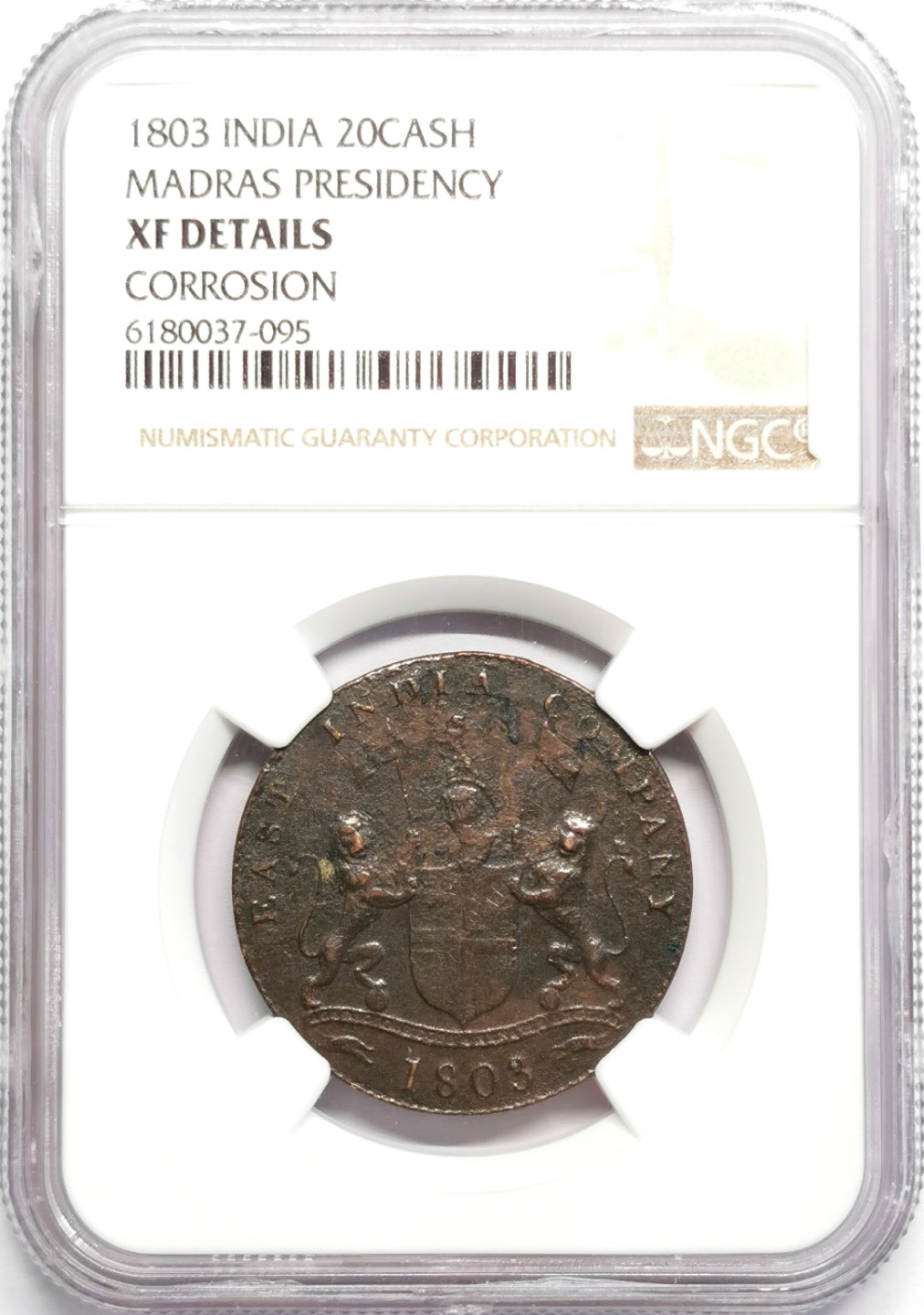 凡希社世界钱币微拍第二百三十二期 1803马德拉斯辖区20CASH铜币NGC-XFD