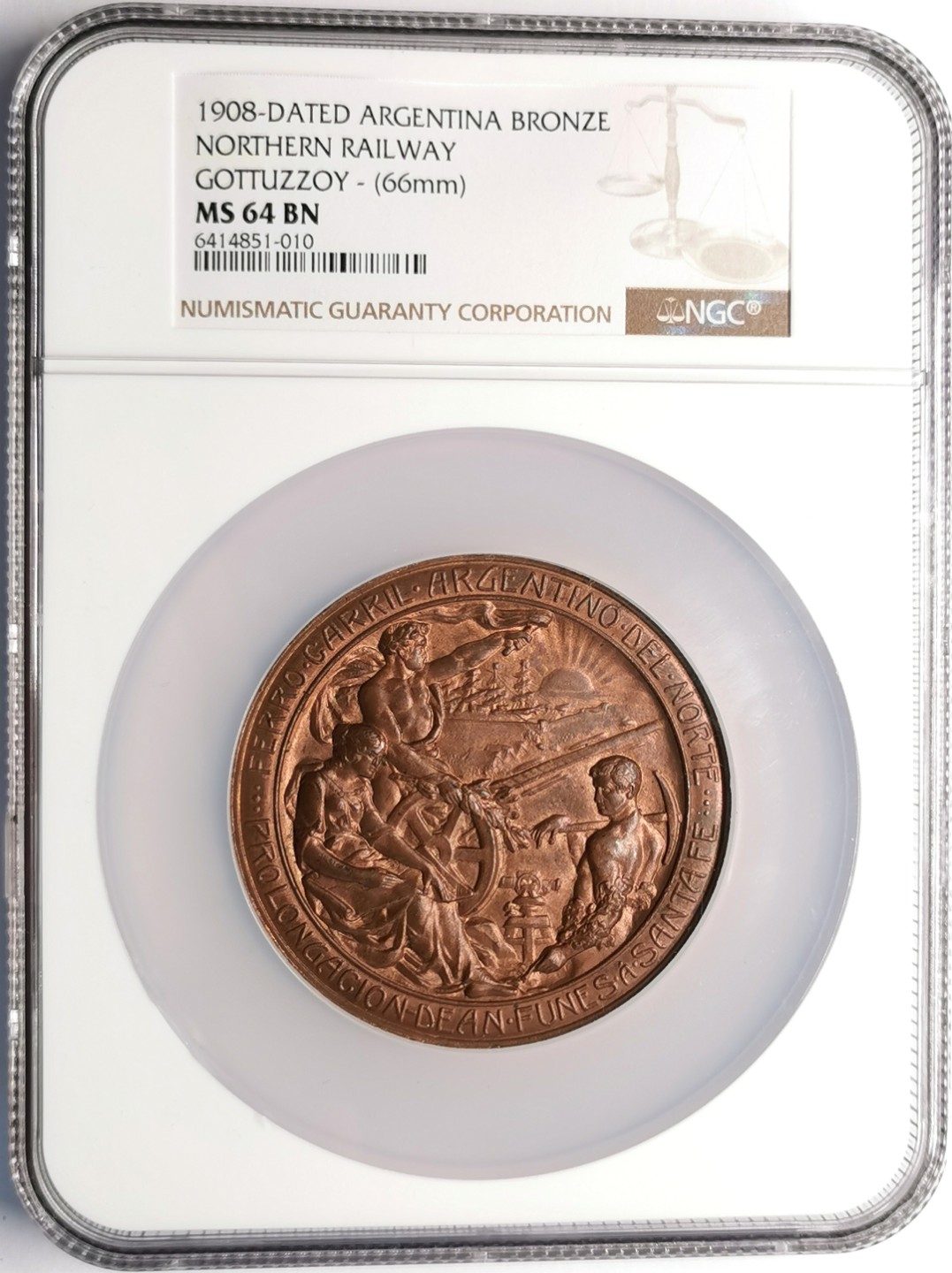 凡希社世界钱币微拍第二百三十二期 1908阿根廷北部铁路开通纪念大铜章NGC-MS64铜色优美！