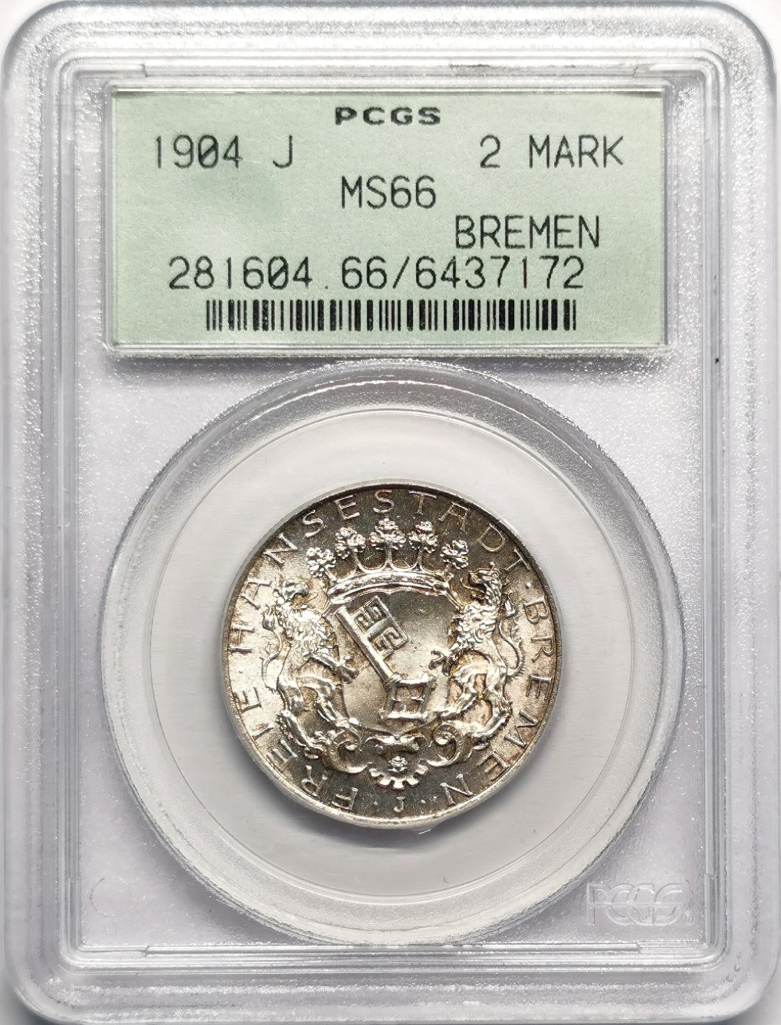 凡希社世界钱币微拍第二百三十二期 1904J不来梅2马克PCGS-MS66顶级品质！