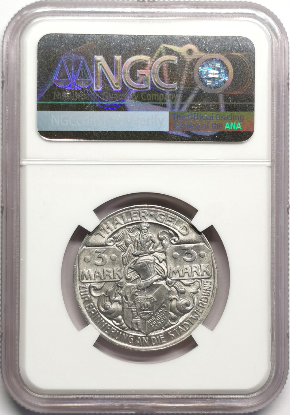 凡希社世界钱币微拍第二百三十二期 1921德紧塔勒哈茨3马克铝币NGC-MS65品相完美！