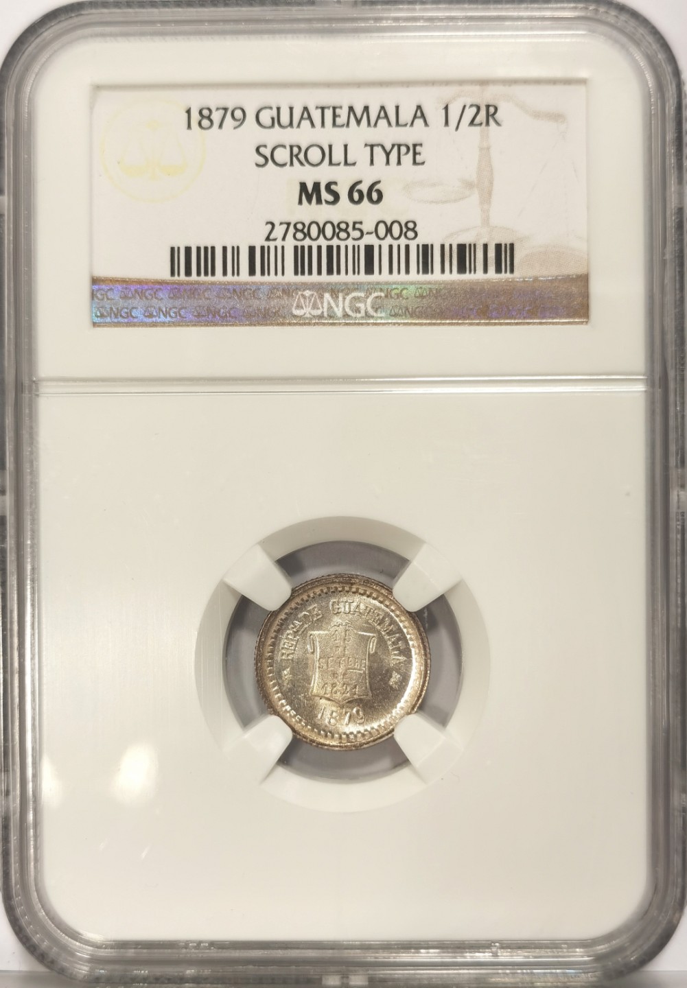 博洋堂世界钱币拍卖第019期（全场包邮） NGC MS66 危地马拉1879年1/2R银币 季军分