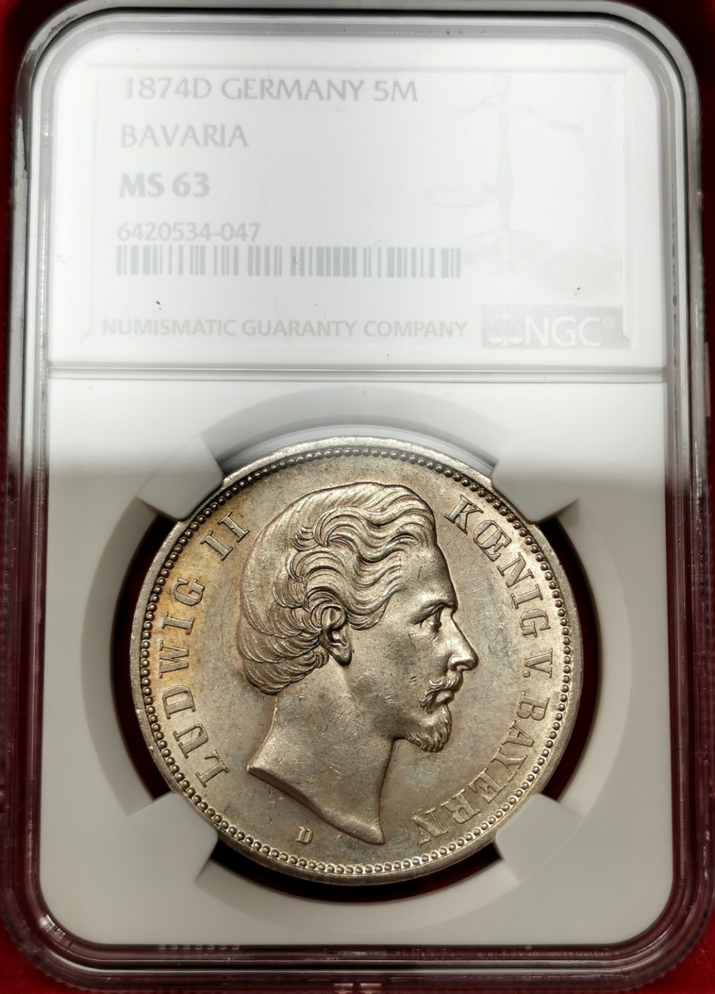 凡希社世界钱币微拍第二百三十二期 荐！1874D巴伐利亚短翅5马克大银NGC-MS63质感一流！