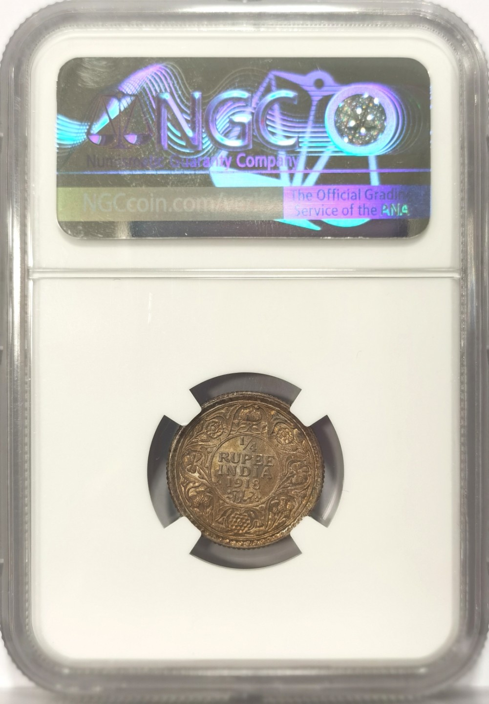 博洋堂世界钱币拍卖第019期（全场包邮） NGC MS63 英属印度1918年C版 乔治五世 1/4卢比银币 双面酱彩包浆