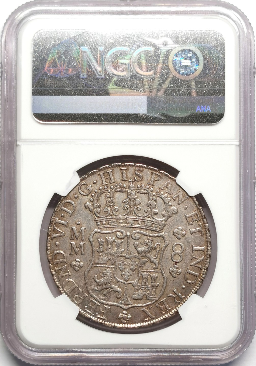 凡希社世界钱币微拍第二百三十二期 荐！1758墨西哥斐迪南六世地球双柱NGC-AU55淡彩压印细节优良！