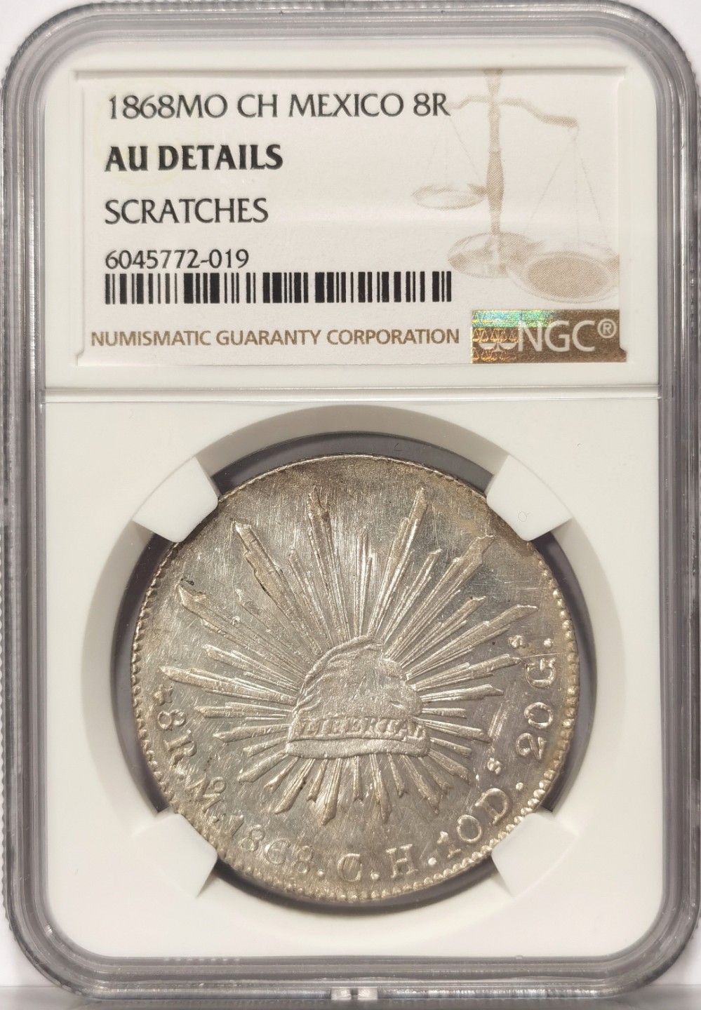 博洋堂世界钱币拍卖第019期（全场包邮） NGC AU 墨西哥1868年MO CH版中期鹰洋 原光UNC状态 可惜了的一枚中期鹰