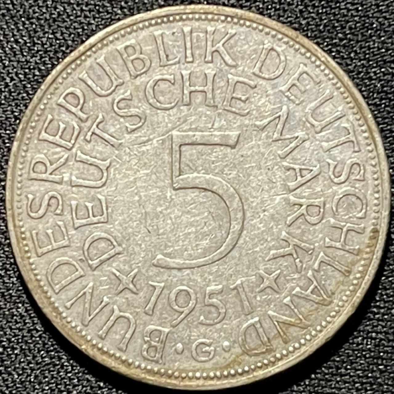 紫瑗钱币——第260期拍卖 联邦德国 1951年 G厂 流通 5马克 11.2 0.625银