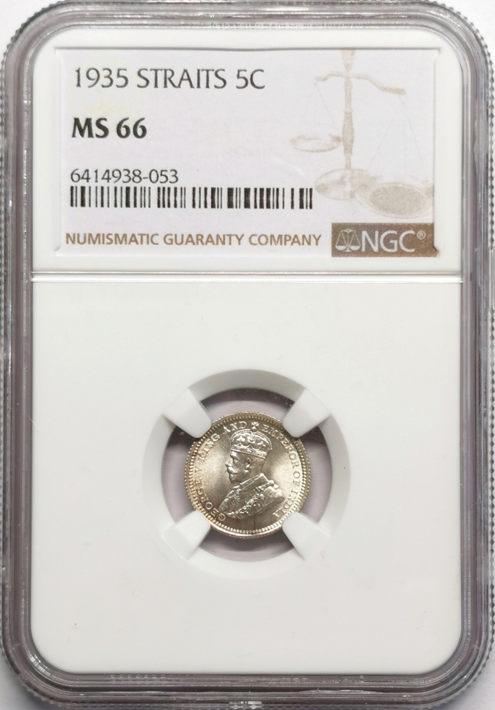 凡希社世界钱币微拍第二百三十二期 1935海峡殖民地乔五5分银毫NGC-MS66顶级品！