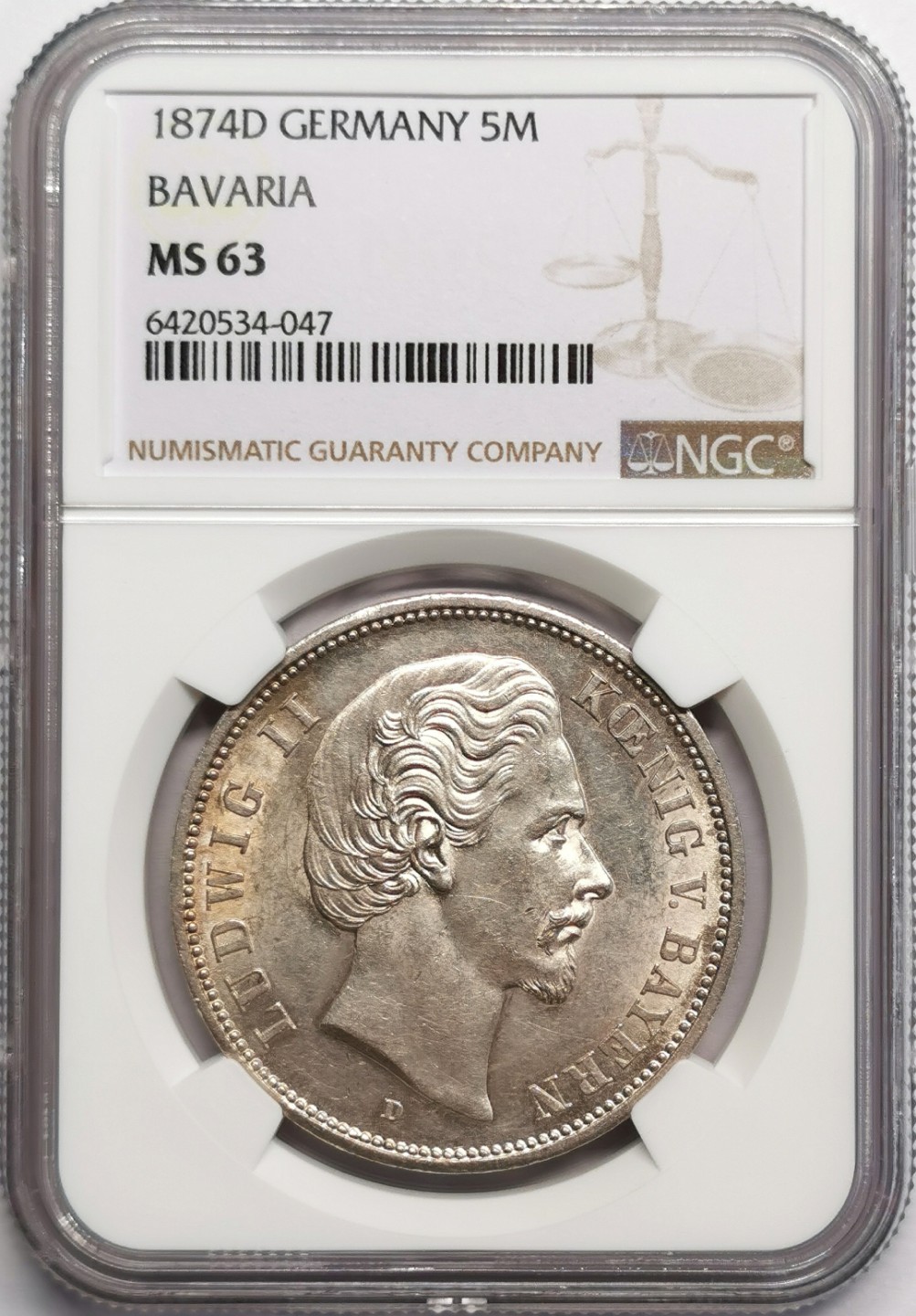 凡希社世界钱币微拍第二百三十二期 荐！1874D巴伐利亚短翅5马克大银NGC-MS63质感一流！