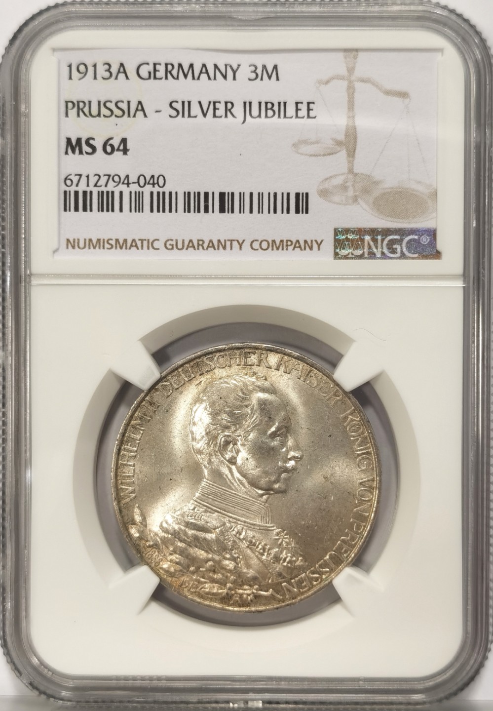 博洋堂世界钱币拍卖第019期（全场包邮） NGC MS64 1913年德国普鲁士威廉二世在位25周年纪念3马克银币