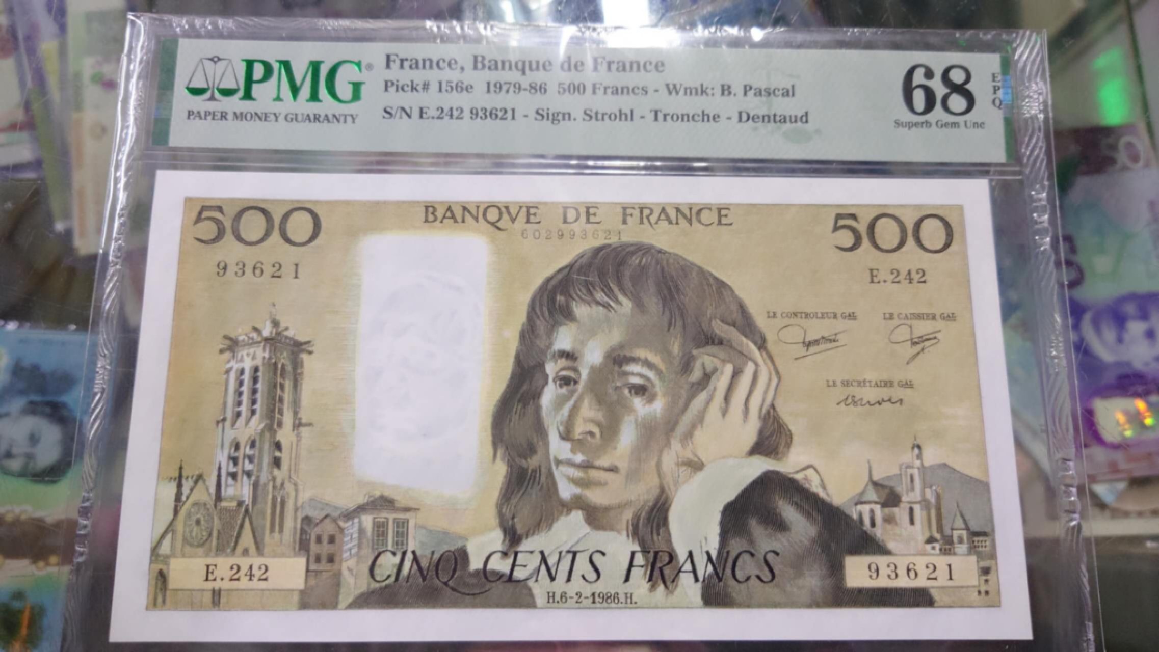 【世界钱币】精选微拍第56期暨2023年第三期  评级币专场 1986年法国500法郎 PMG68E冠军分（仅八张） 尾号621