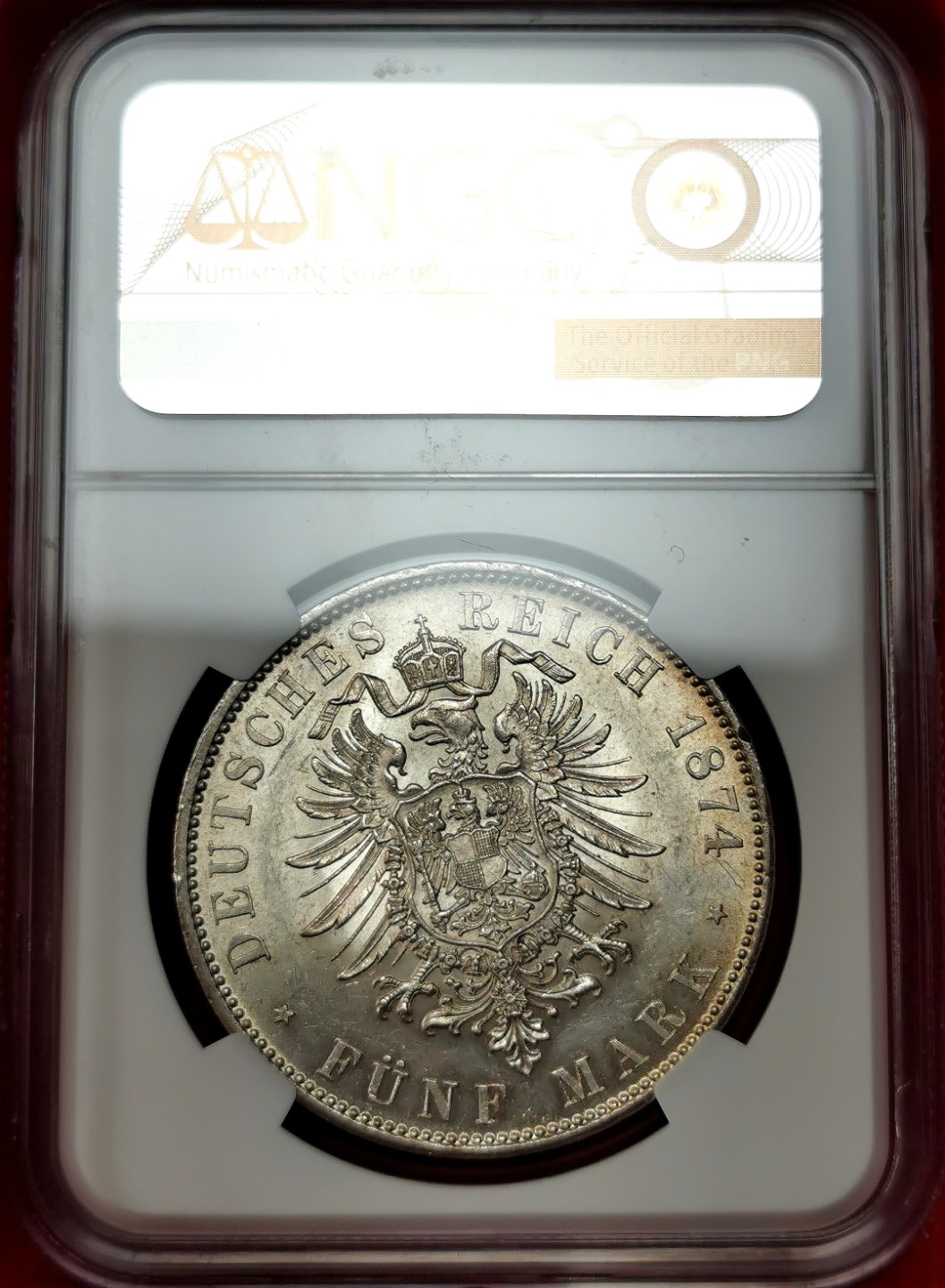 凡希社世界钱币微拍第二百三十二期 荐！1874D巴伐利亚短翅5马克大银NGC-MS63质感一流！