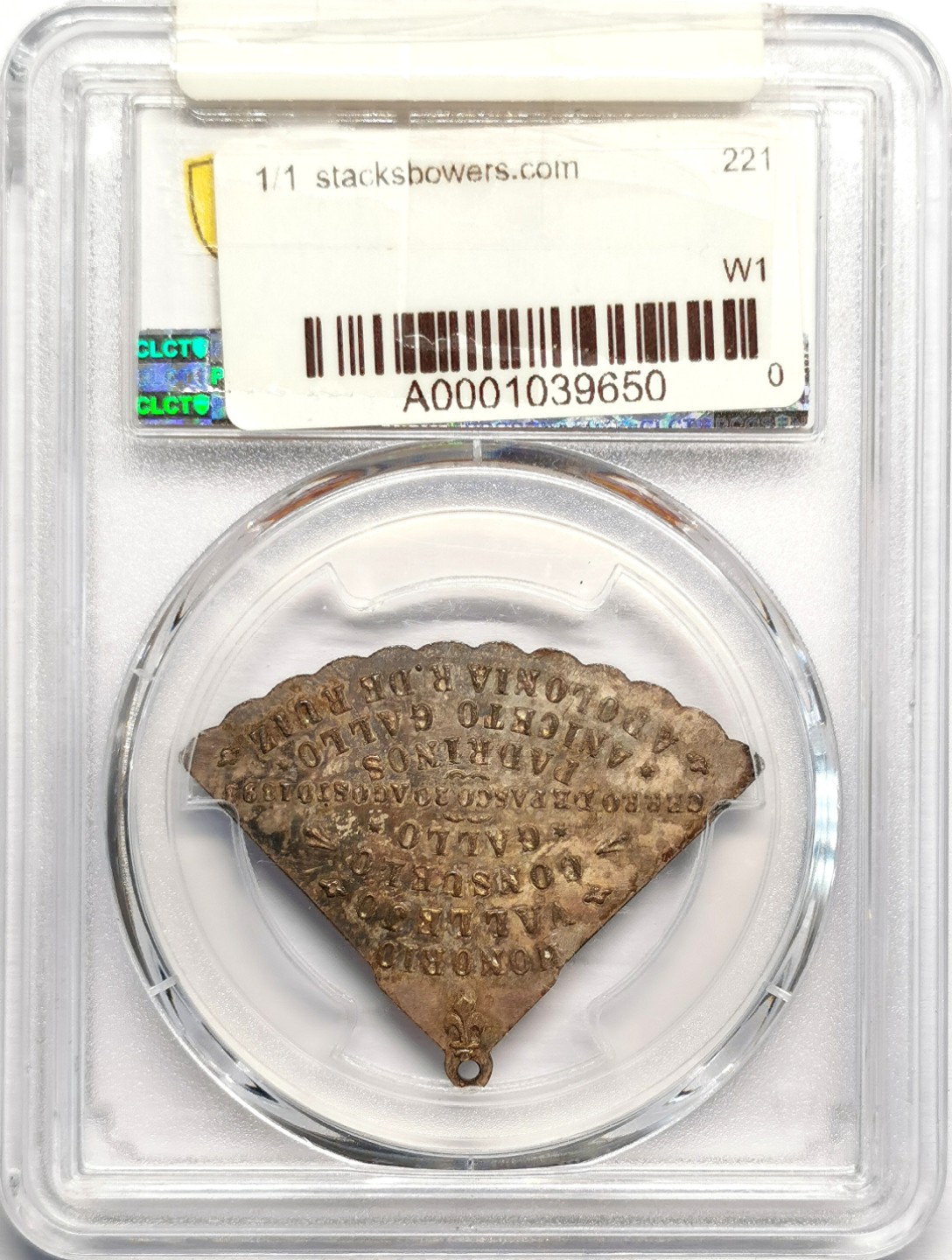 凡希社世界钱币微拍第二百三十二期 1898秘鲁天主教浸礼扇形银章PCGS-MS64附原藏家纸袋！