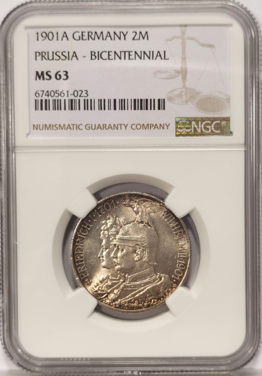 博洋堂世界钱币拍卖第019期（全场包邮） NGC MS63 1901年德国普鲁士建国200周年2马克纪念银币