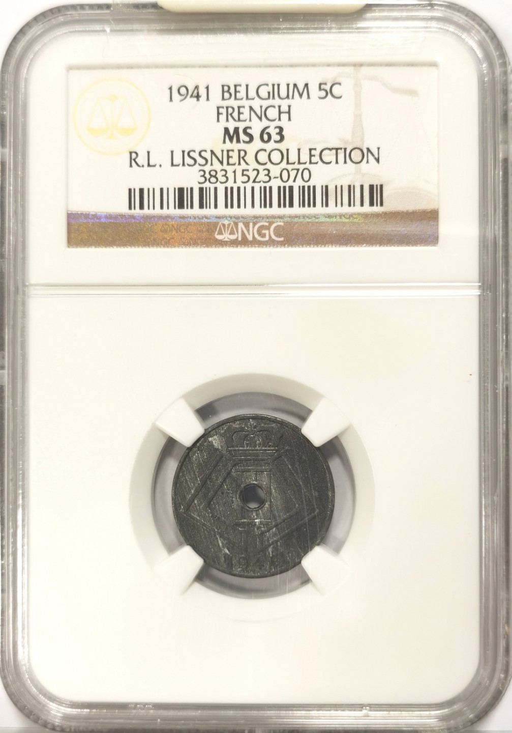 博洋堂世界钱币拍卖第019期（全场包邮） Lissner比利时旧藏系列 NGC MS63 比利时1941年5CENT，FRENCH版，来自2014年拍卖会编号50.2