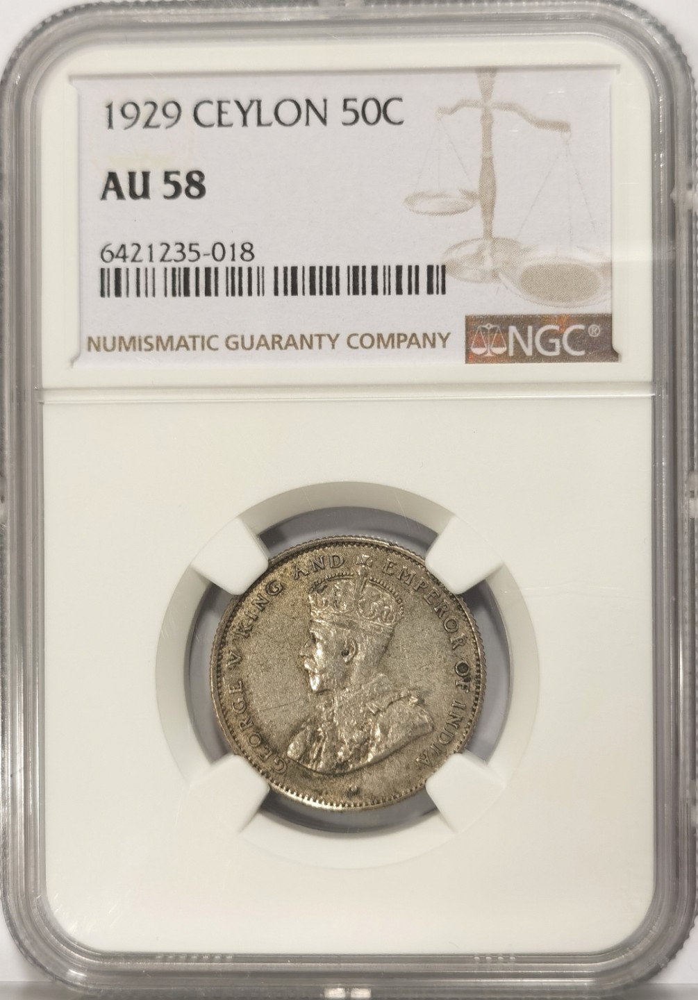 博洋堂世界钱币拍卖第019期（全场包邮） NGC AU58 锡兰1929年50分银币，几十万的发行量，流通充分，有分不易，价格洼地。