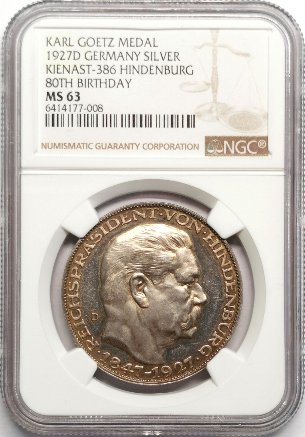 凡希社世界钱币微拍第二百三十二期 1927德国兴登堡八十大寿纪念银章NGC-MS63