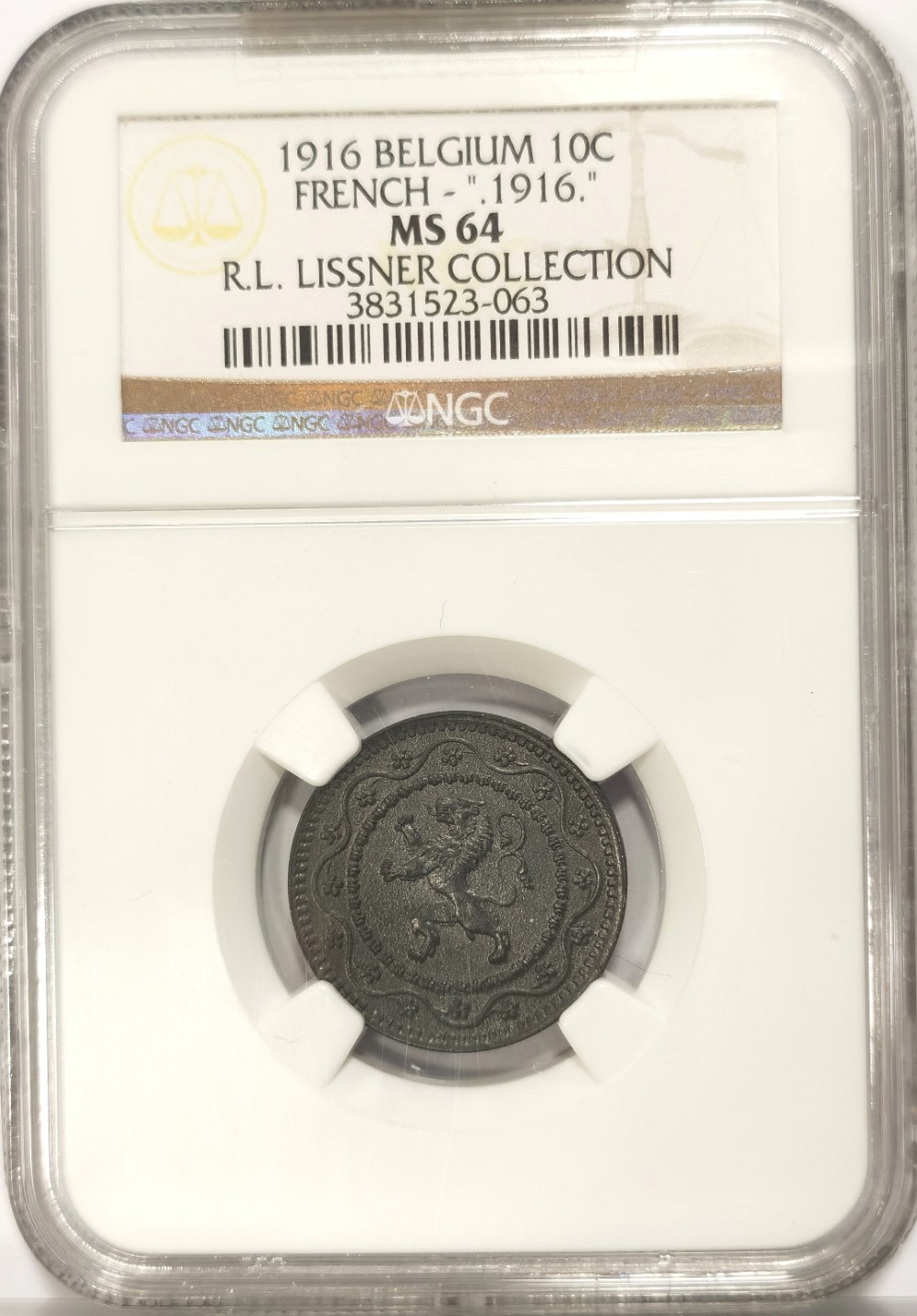 博洋堂世界钱币拍卖第019期（全场包邮） Lissner比利时旧藏系列 NGC MS64 比利时1916年10CENT，FRENCH版，年份双点版，来自2014年拍卖会编号50.3