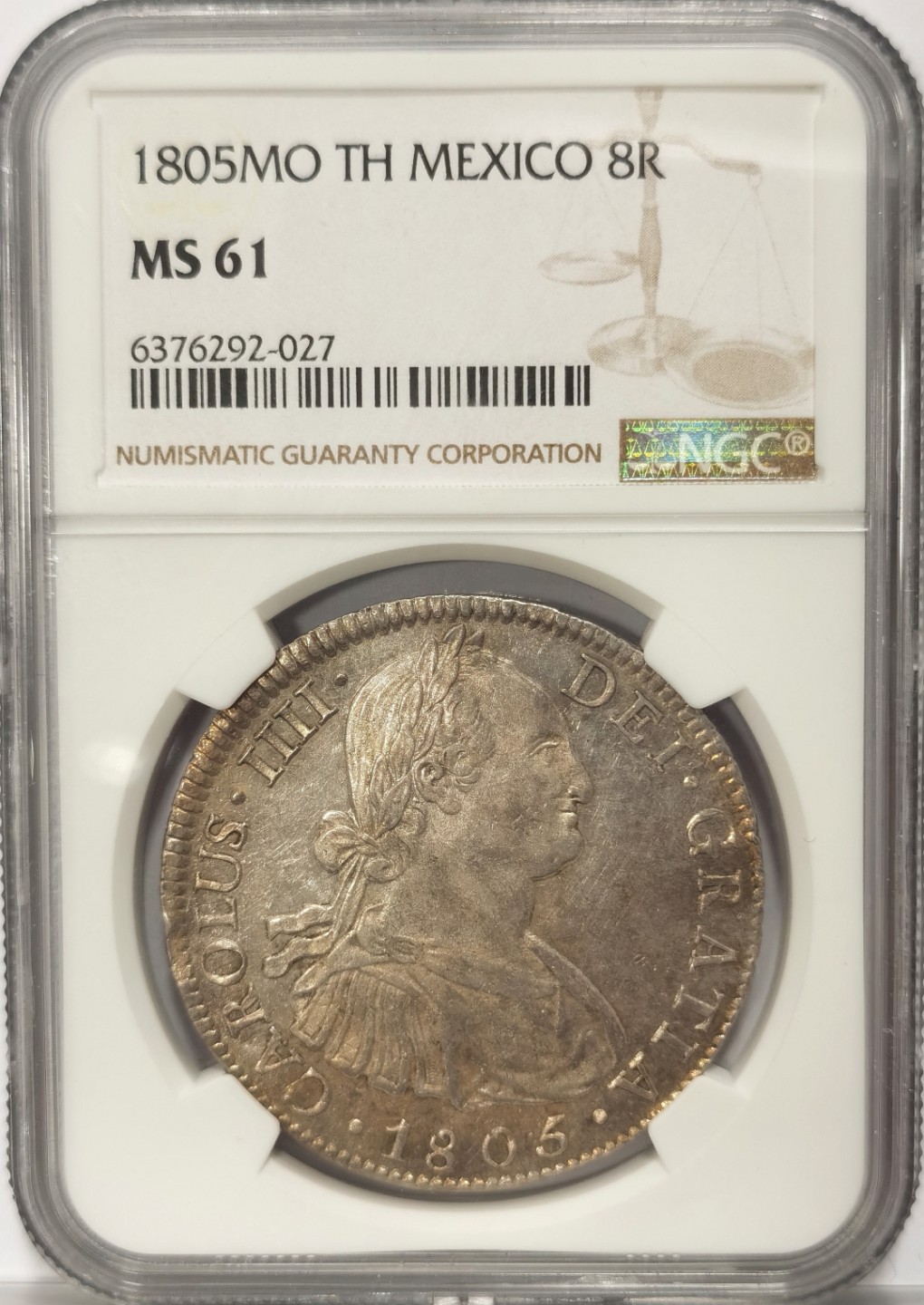 博洋堂世界钱币拍卖第019期（全场包邮） NGC MS61  墨西哥卡洛斯四世 1805 8 里亚尔   淡灰色包浆 底光十足。 收藏性价比高。三连之一