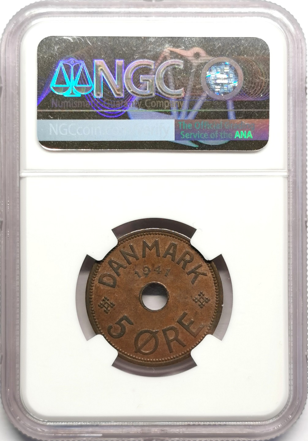 凡希社世界钱币微拍第二百三十二期 1941法罗群岛中孔5偶尔铜币NGC-AU58