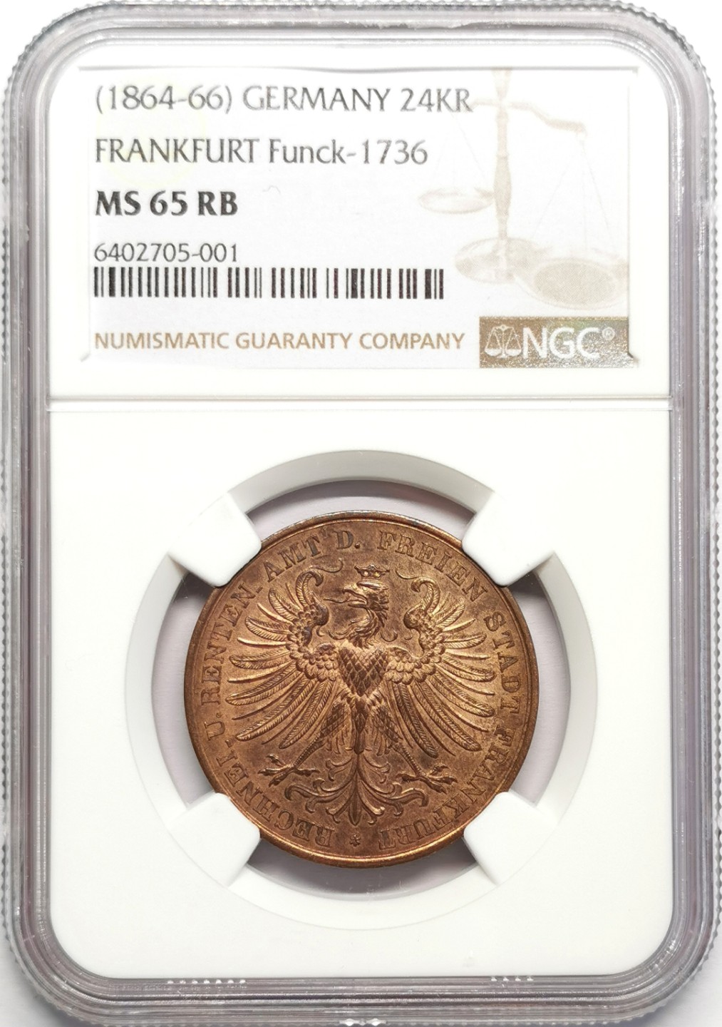 凡希社世界钱币微拍第二百三十二期 1864-66法兰克福24K铜辅币NGC-MS65收藏级！