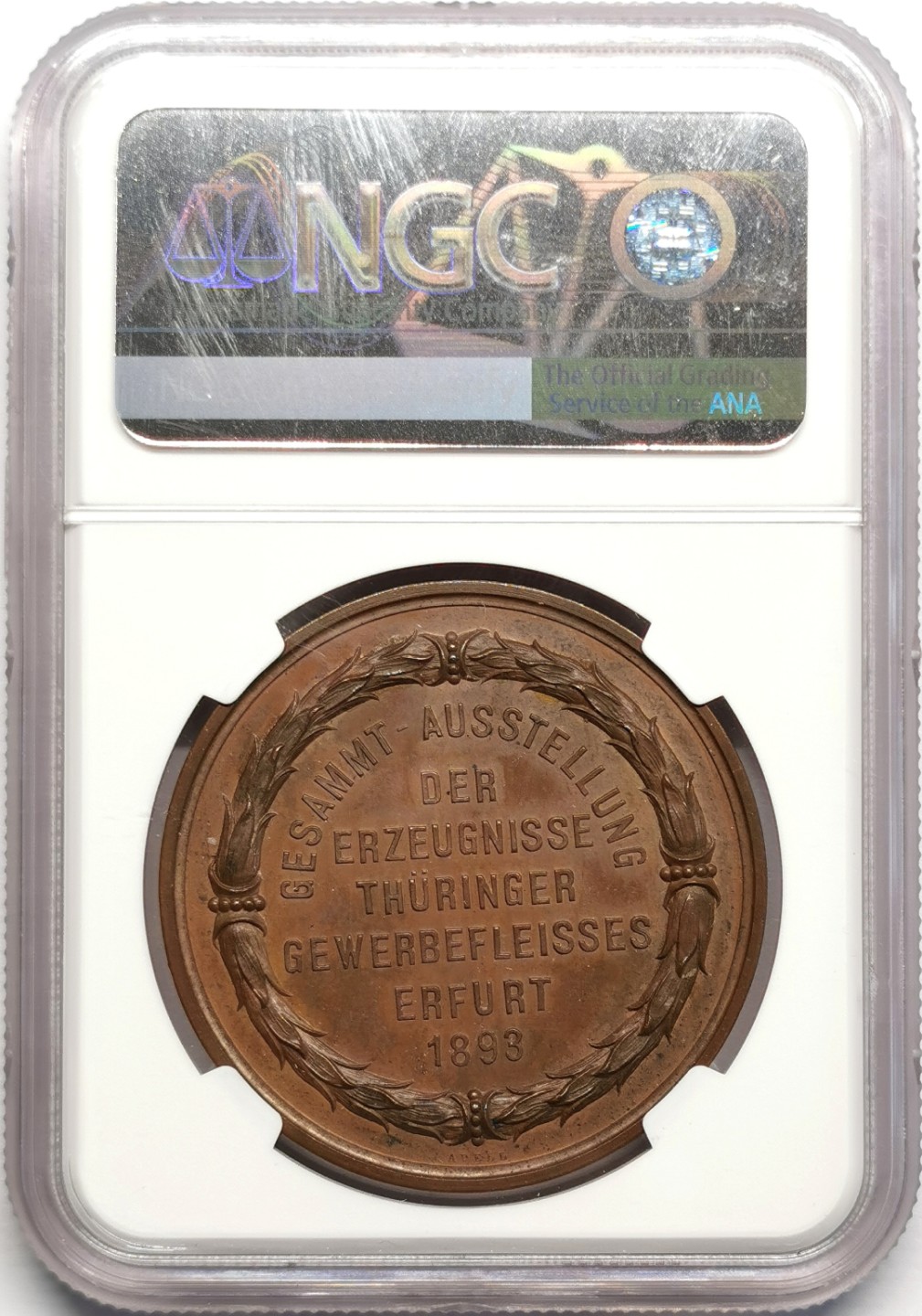 凡希社世界钱币微拍第二百三十二期 1893德国埃尔福特博览会纪念铜章NGC-MS64盾徽精美！