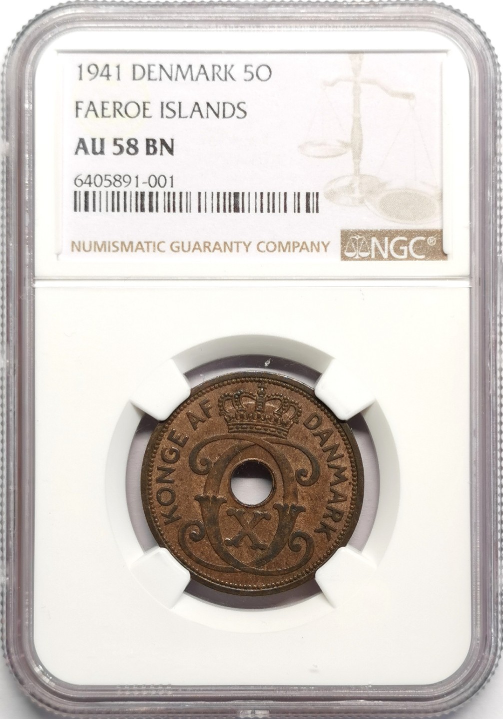 凡希社世界钱币微拍第二百三十二期 1941法罗群岛中孔5偶尔铜币NGC-AU58