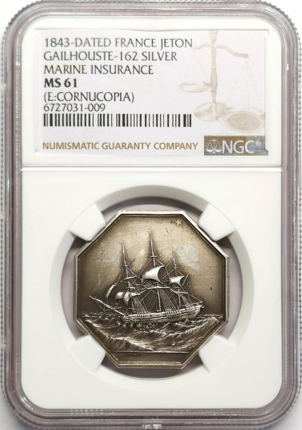 凡希社世界钱币微拍第二百三十二期 1843法国海上保险八角银章NGC-MS61