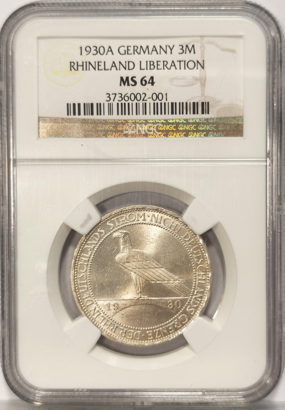 博洋堂世界钱币拍卖第019期（全场包邮） NGC MS64 1930年德国魏玛共和国莱茵解放3马克纪念银币