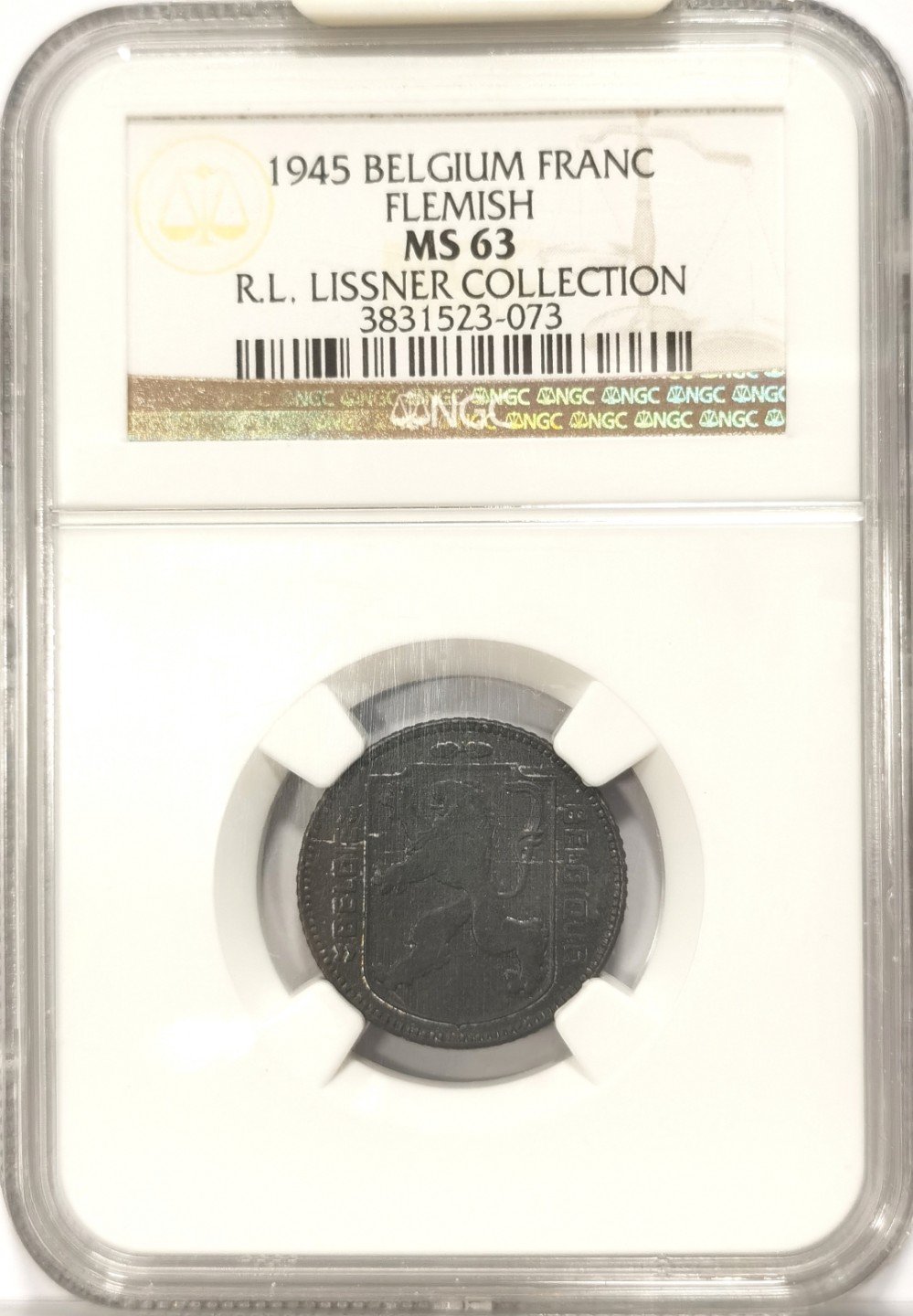 博洋堂世界钱币拍卖第019期（全场包邮） Lissner比利时旧藏系列 NGC MS63 比利时1945年1FRANC，FLEMISH版，来自2014年拍卖会编号50.8