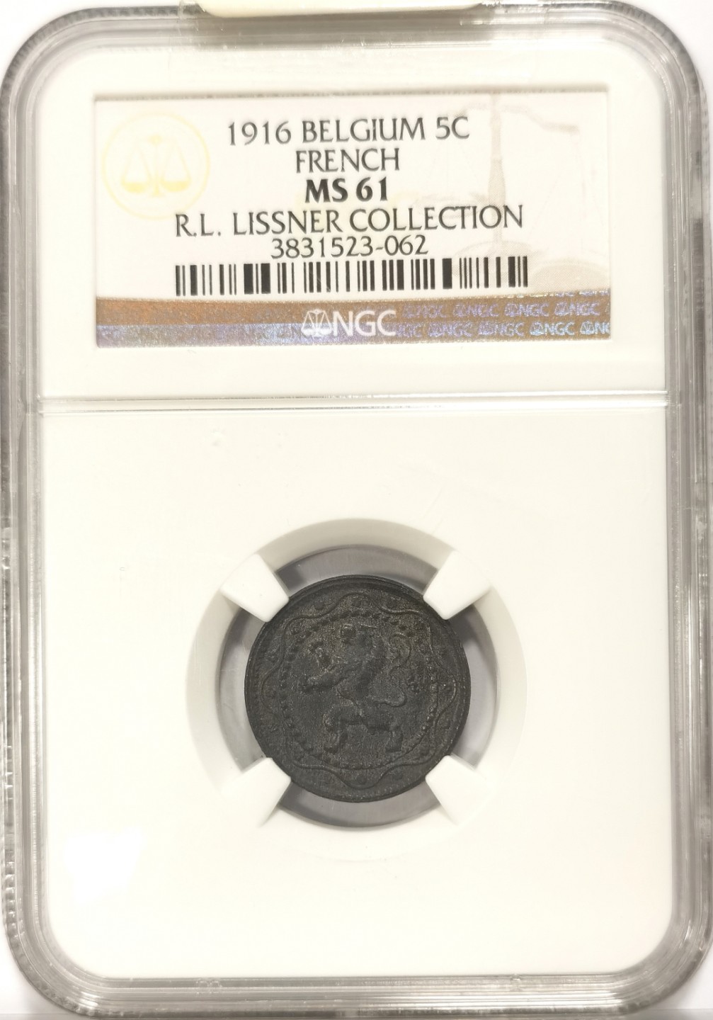 博洋堂世界钱币拍卖第019期（全场包邮） Lissner比利时旧藏系列 NGC MS61 比利时1916年5CENT，FRENCH版，来自2014年拍卖会编号50.1