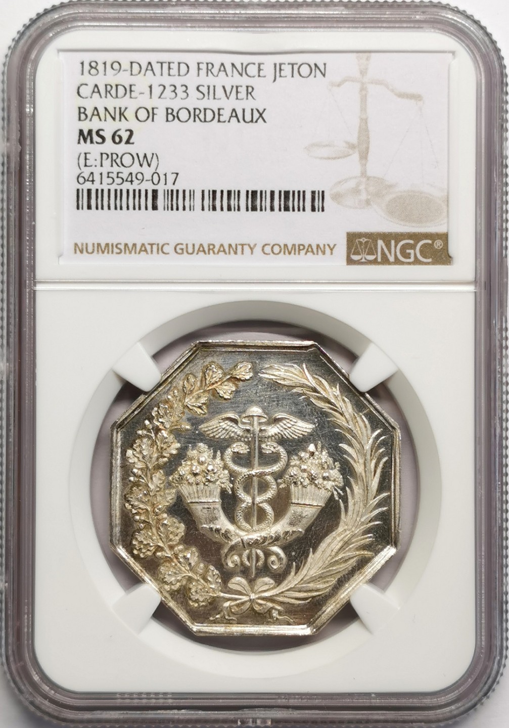 凡希社世界钱币微拍第二百三十二期 1819法国波尔多银行八角银章NGC-MS62