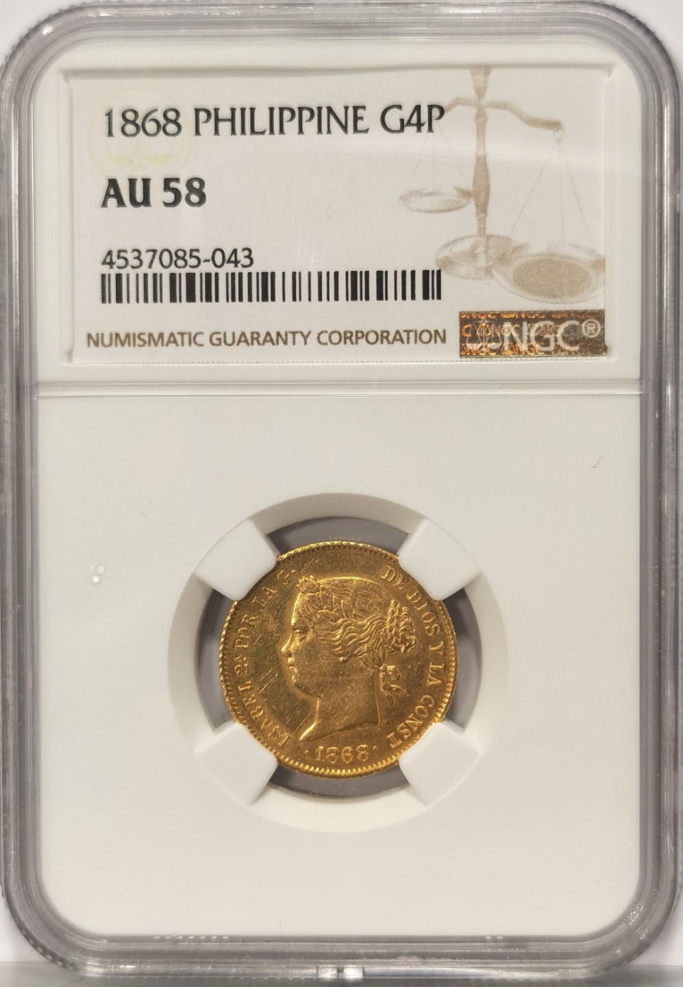 博洋堂世界钱币拍卖第019期（全场包邮） NGC AU58 1868年西属菲律宾4比索金币 这个品种MS就过万了，同分同版同年份HA21年底拍卖1080刀。这枚正面稍差，背面MS品相