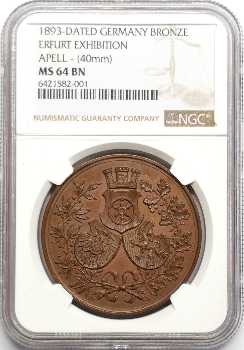 凡希社世界钱币微拍第二百三十二期 1893德国埃尔福特博览会纪念铜章NGC-MS64盾徽精美！