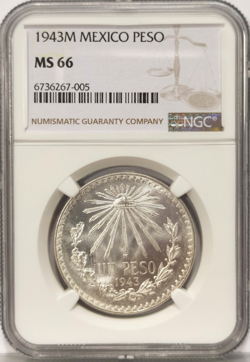 博洋堂世界钱币拍卖第019期（全场包邮） NGC MS66 墨西哥1943年1比索银币 出厂原卷状态 凝霜光强 有镜面感 高分值得收藏