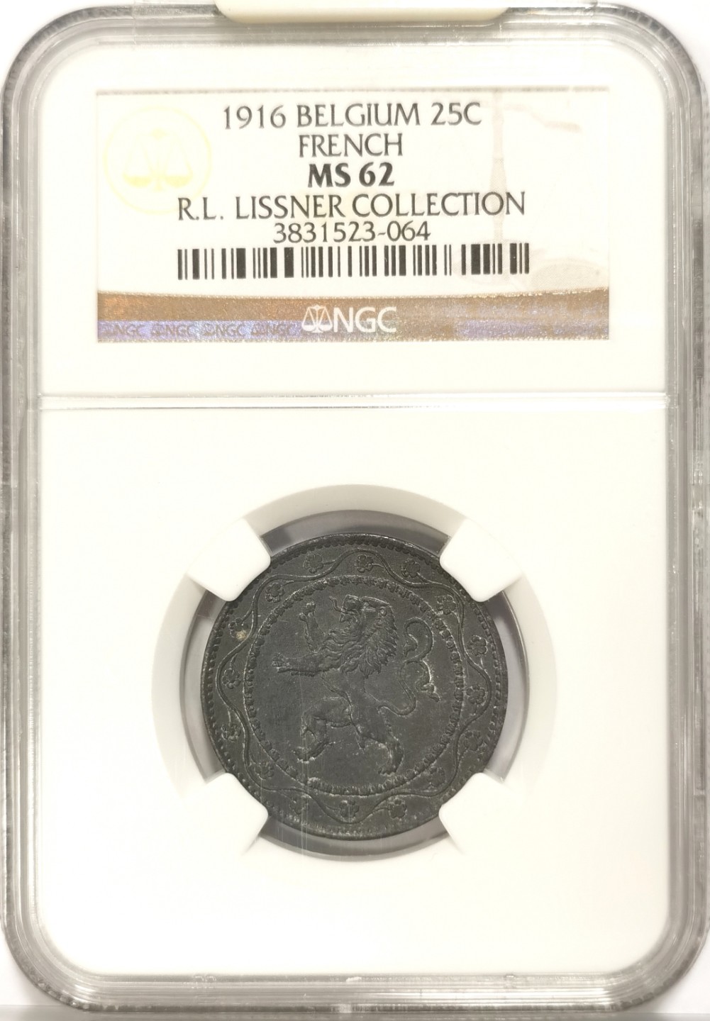 博洋堂世界钱币拍卖第019期（全场包邮） Lissner比利时旧藏系列 NGC MS62 比利时1916年25CENT，FRENCH版，来自2014年拍卖会编号50.5