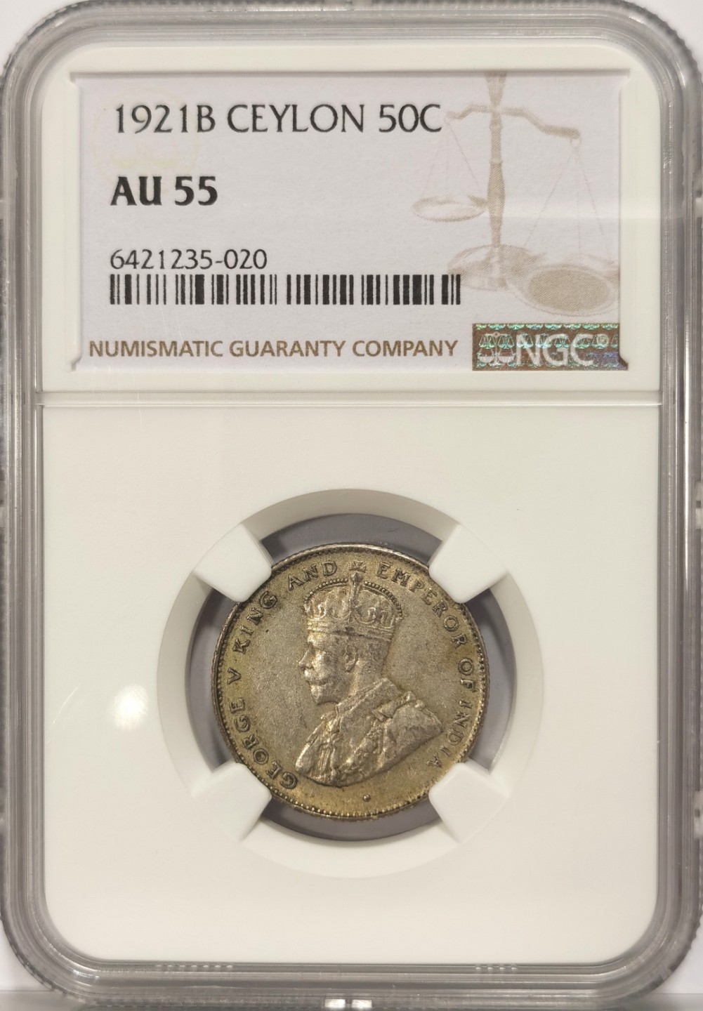 博洋堂世界钱币拍卖第019期（全场包邮） NGC AU55 锡兰1921年B版50分银币，几十万的发行量，流通充分，有分不易，价格洼地。