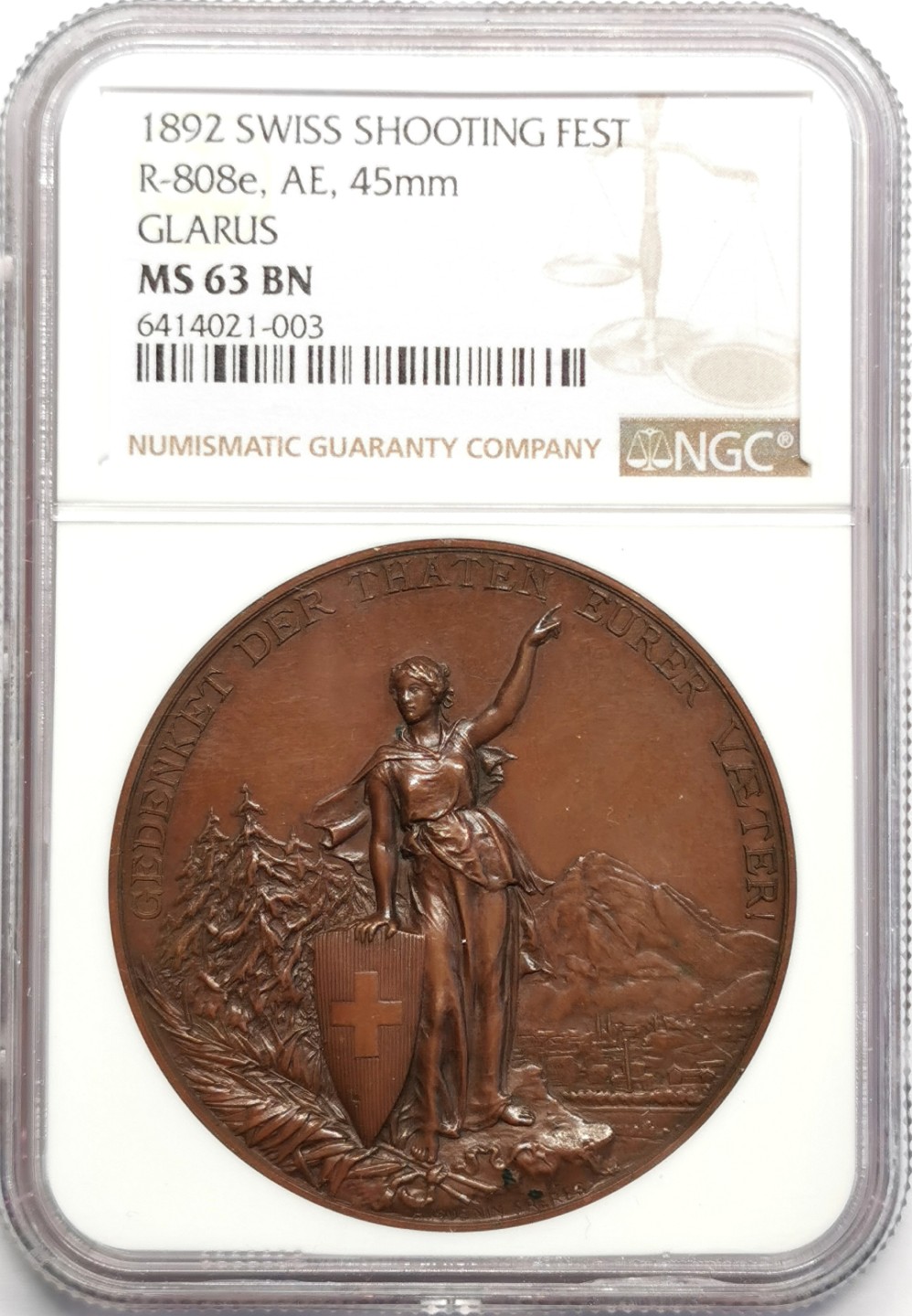 凡希社世界钱币微拍第二百三十二期 1892瑞士格拉鲁斯射击节纪念铜章NGC-MS63