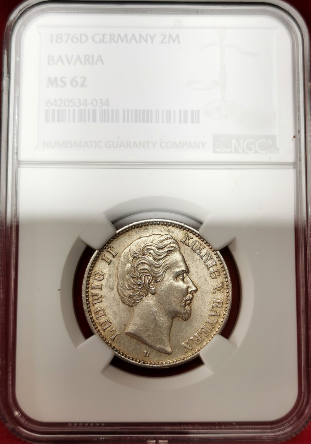 凡希社世界钱币微拍第二百三十二期 1876D巴伐利亚短翅2马克NGC-MS62稀少！