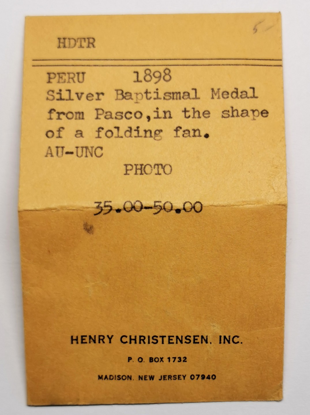 凡希社世界钱币微拍第二百三十二期 1898秘鲁天主教浸礼扇形银章PCGS-MS64附原藏家纸袋！