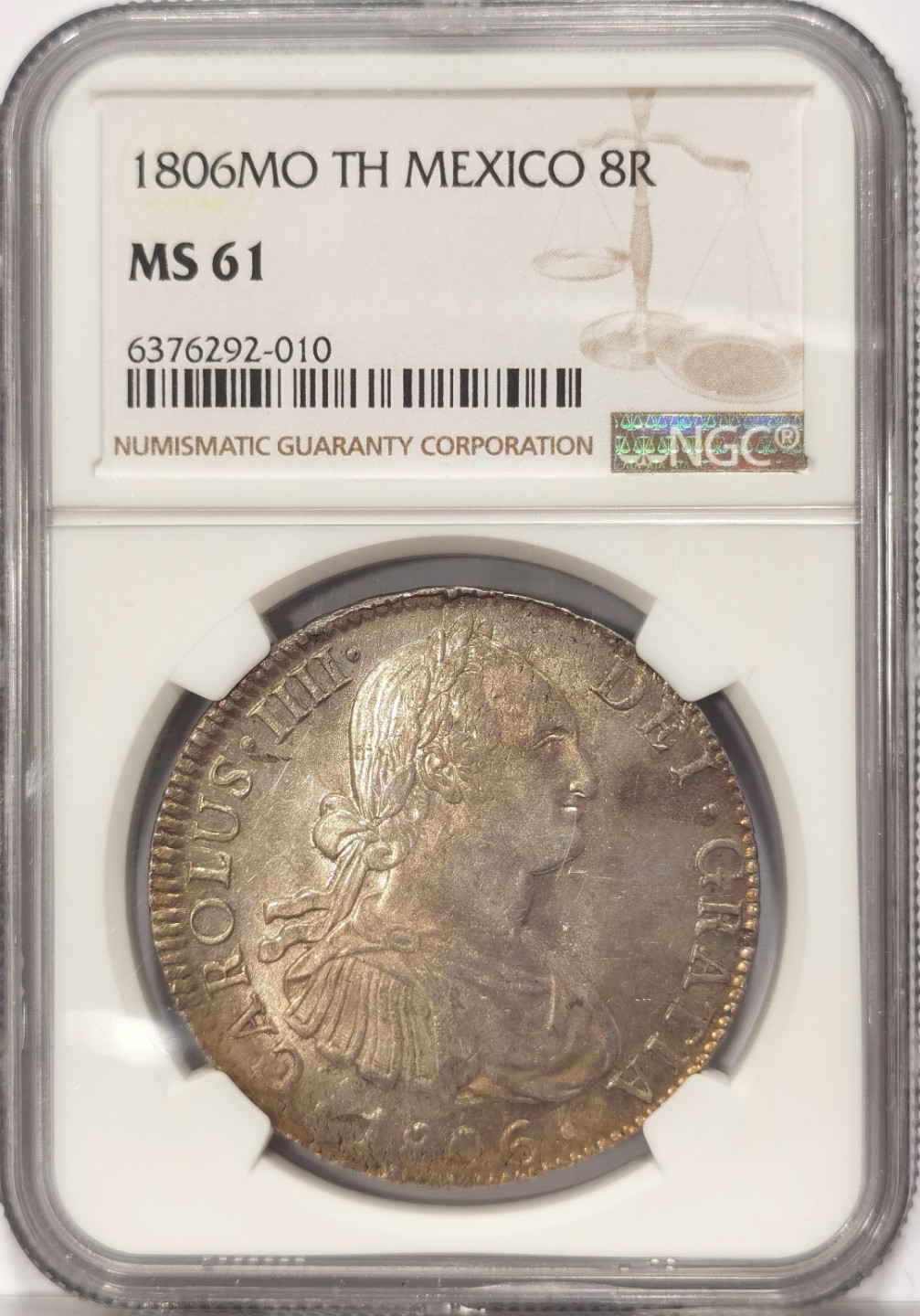 博洋堂世界钱币拍卖第019期（全场包邮） NGC MS61  墨西哥卡洛斯四世 1806 8 里亚尔   淡灰色包浆 底光十足。 收藏性价比高。三连之二