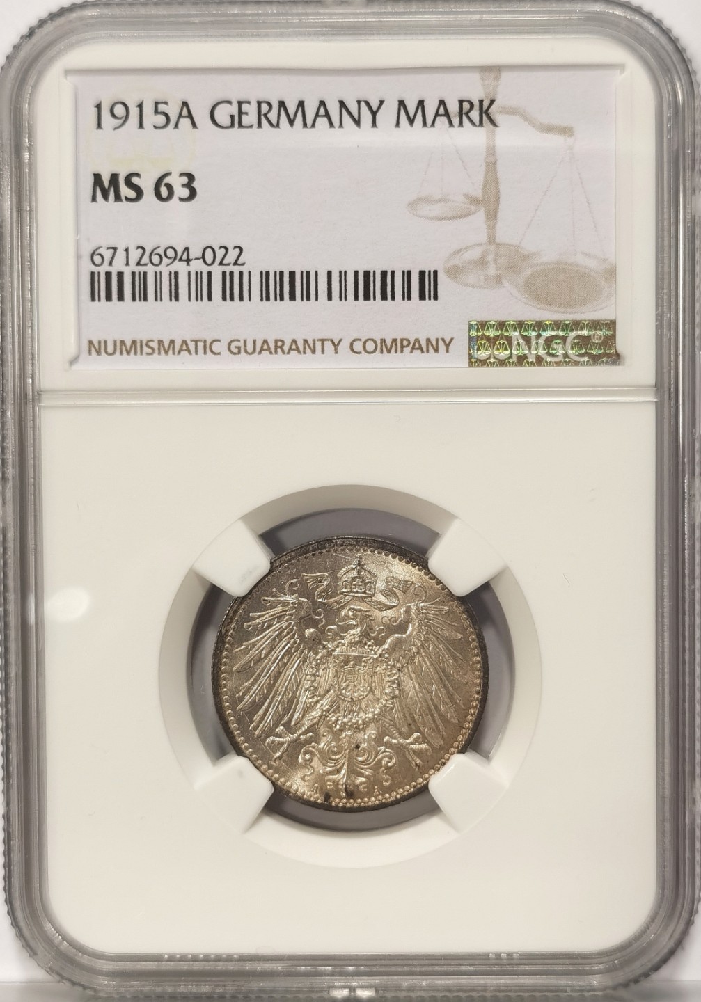 博洋堂世界钱币拍卖第019期（全场包邮） NGC MS63 1915年德国第二帝国A版1马克银币