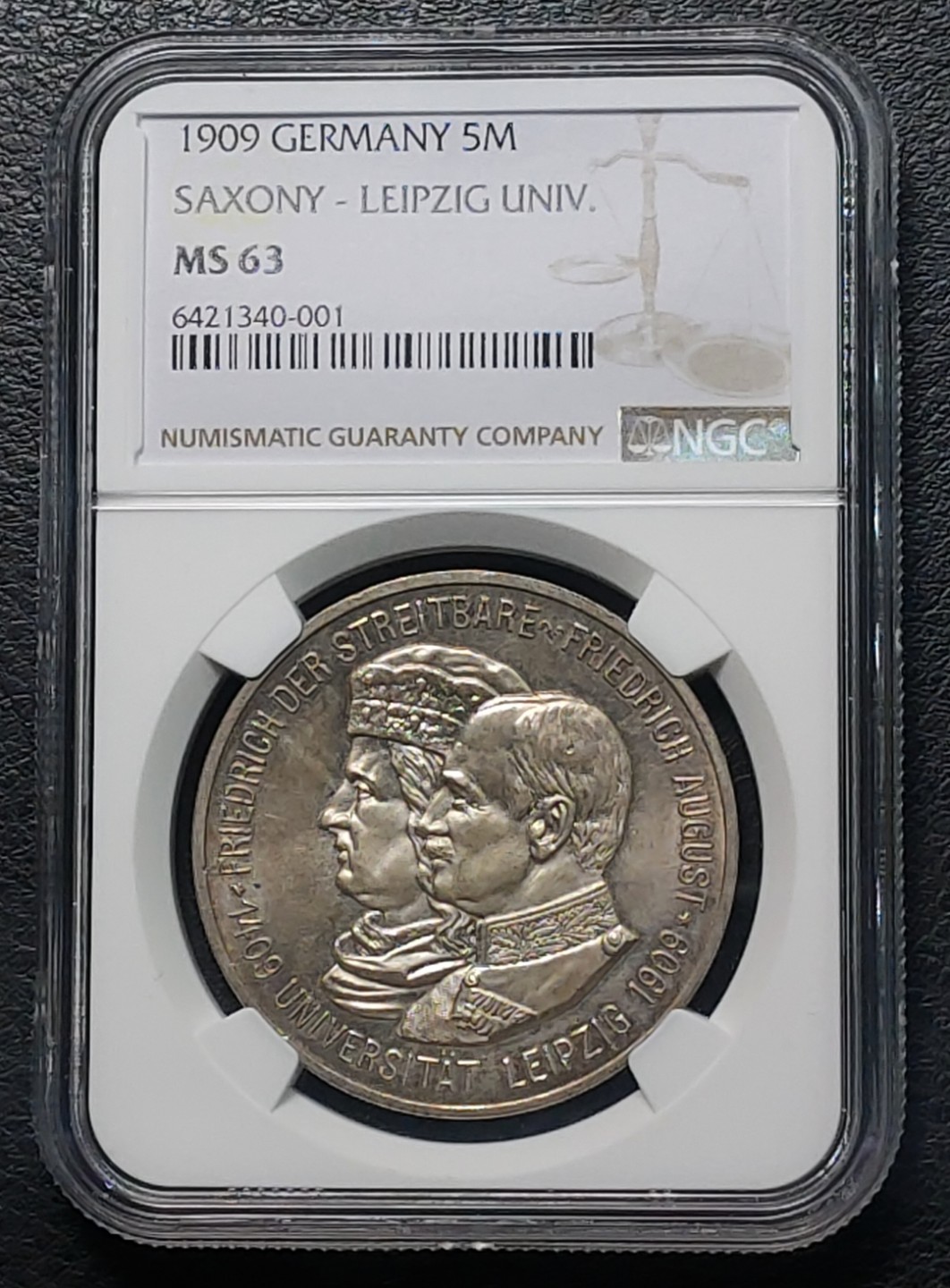 NGC MS63德国1909年萨克森莱比锡大学建校500周年纪念5马克银币
